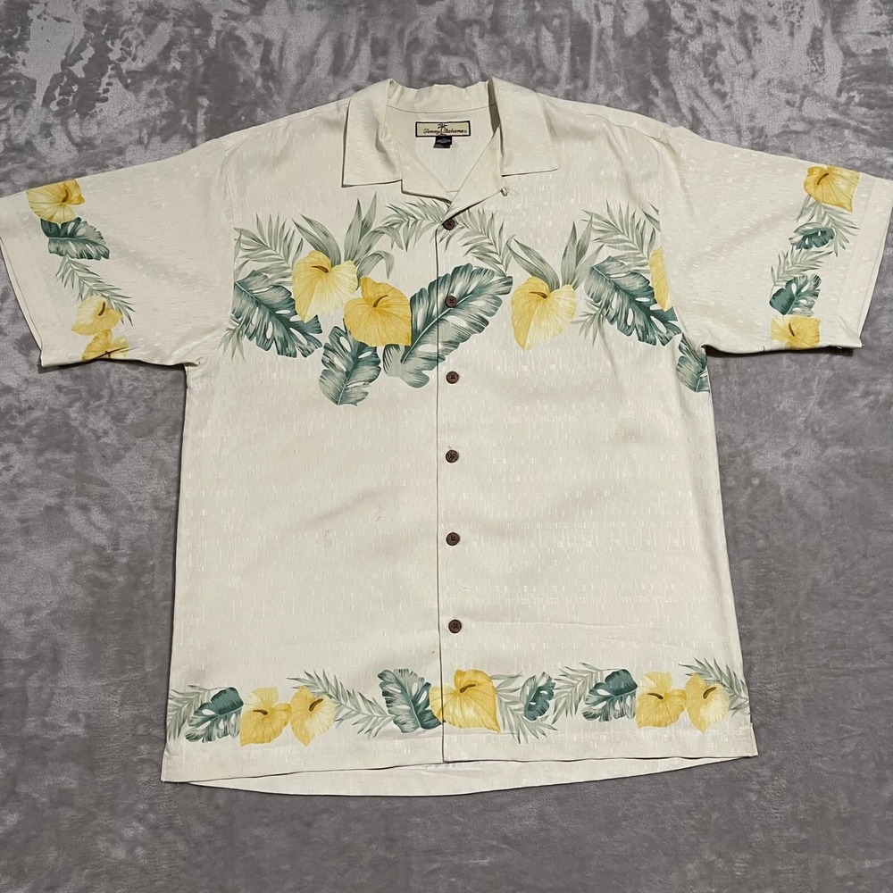 Tommy Bahama Shirt Mens Medium Yellow Floral Hawaiian Silk Button Up Beach